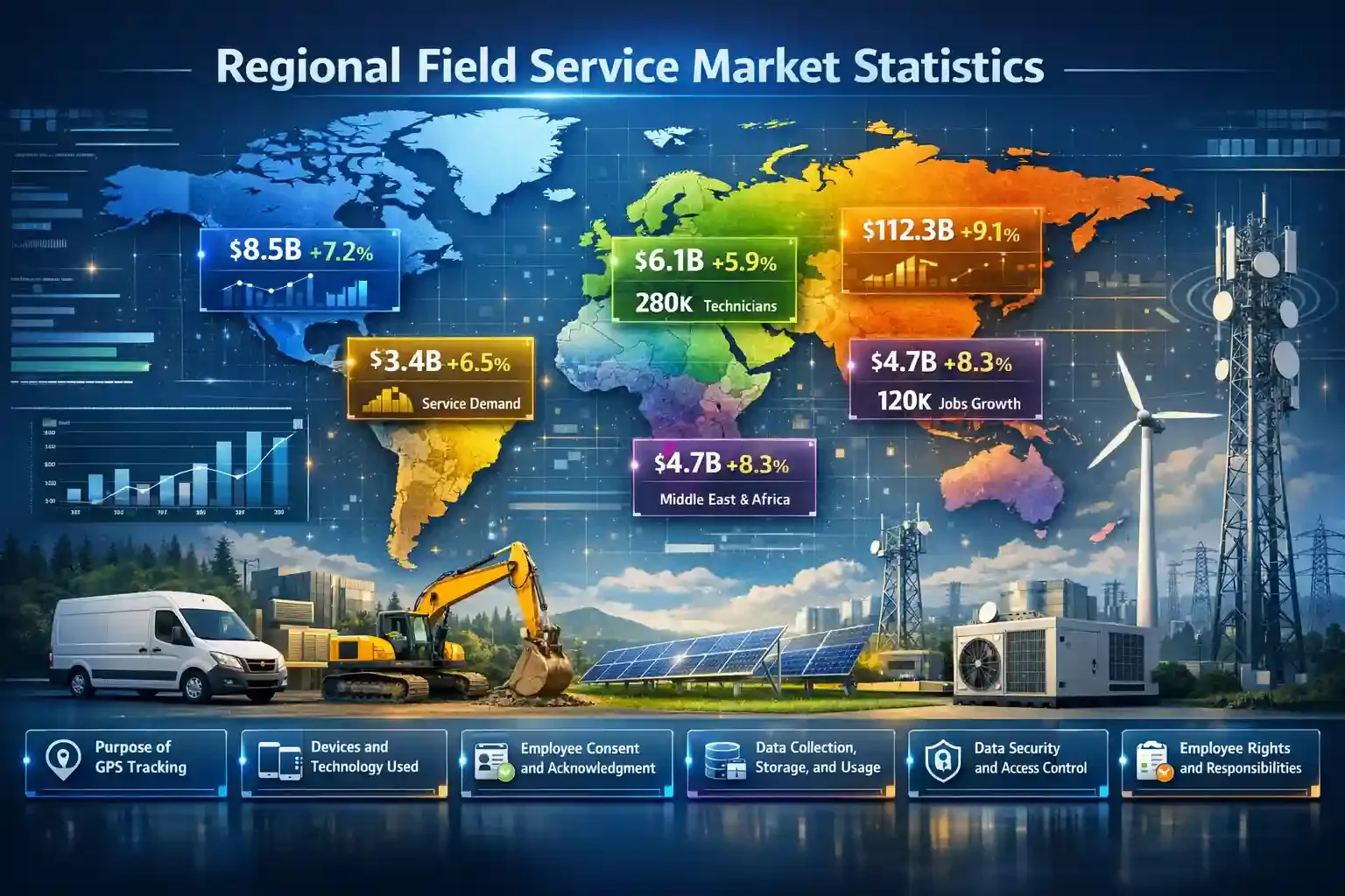 Regional field service market stats dashboard with global map